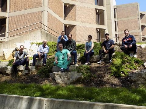 Lab members sitting on rocks in the grass near the Medical Laboratories